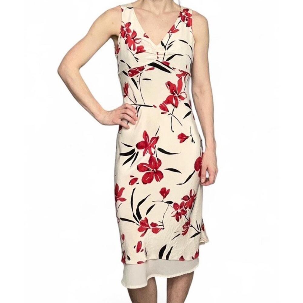 Vintage Valerie Dresses 100% Silk Floral Cherry Blossom Midi Dress Size 8